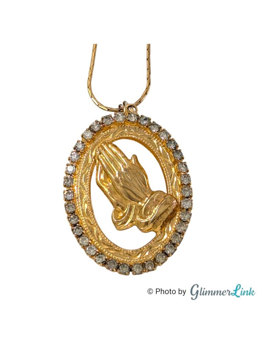 Vintage Praying Hands Pendant Necklace Pray for Peace Rhinestone Gold Tone